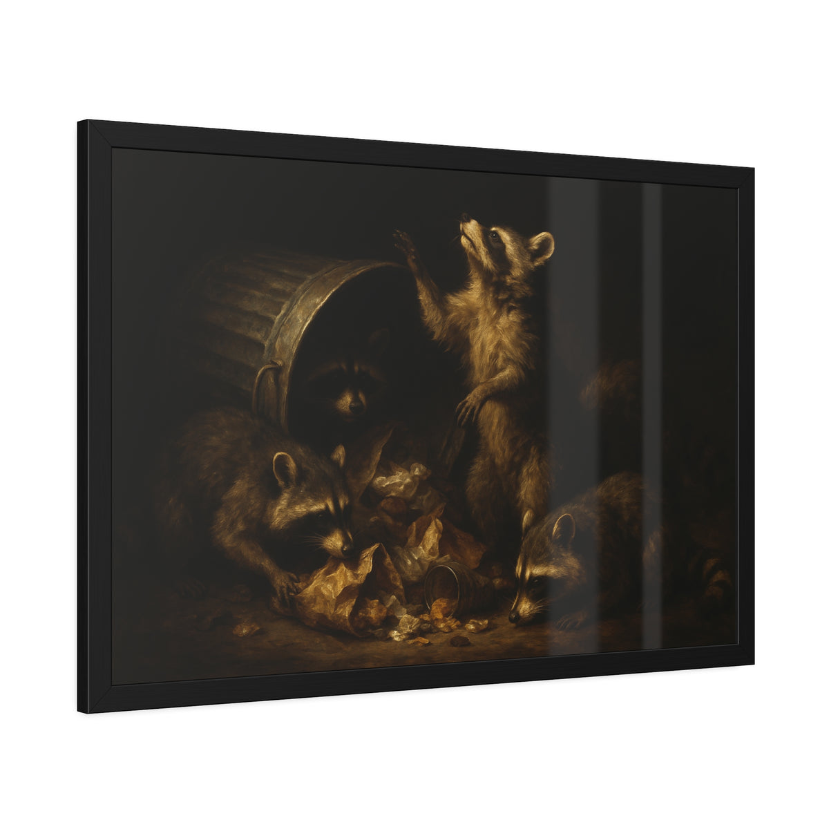 Raccoons around a fallen trash can, one rearing up with a raised paw. The Supper of Shadows by Garabaggio, framed fine art print hanging in a room.