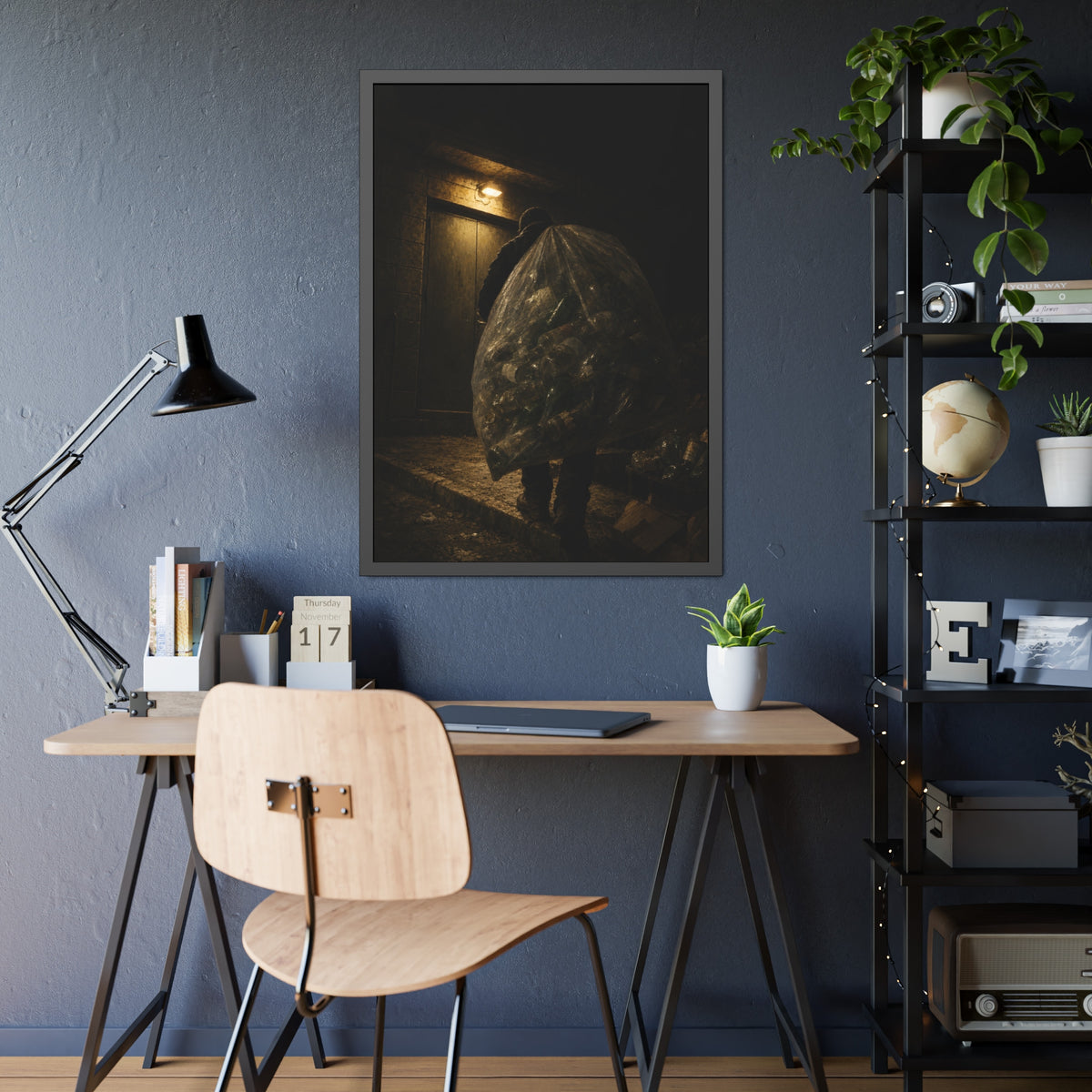 A man carrying a huge bag of bottles past a lit doorway at night. The Bag Carried Before Dawn by Garabaggio, framed fine art print hanging in a room.