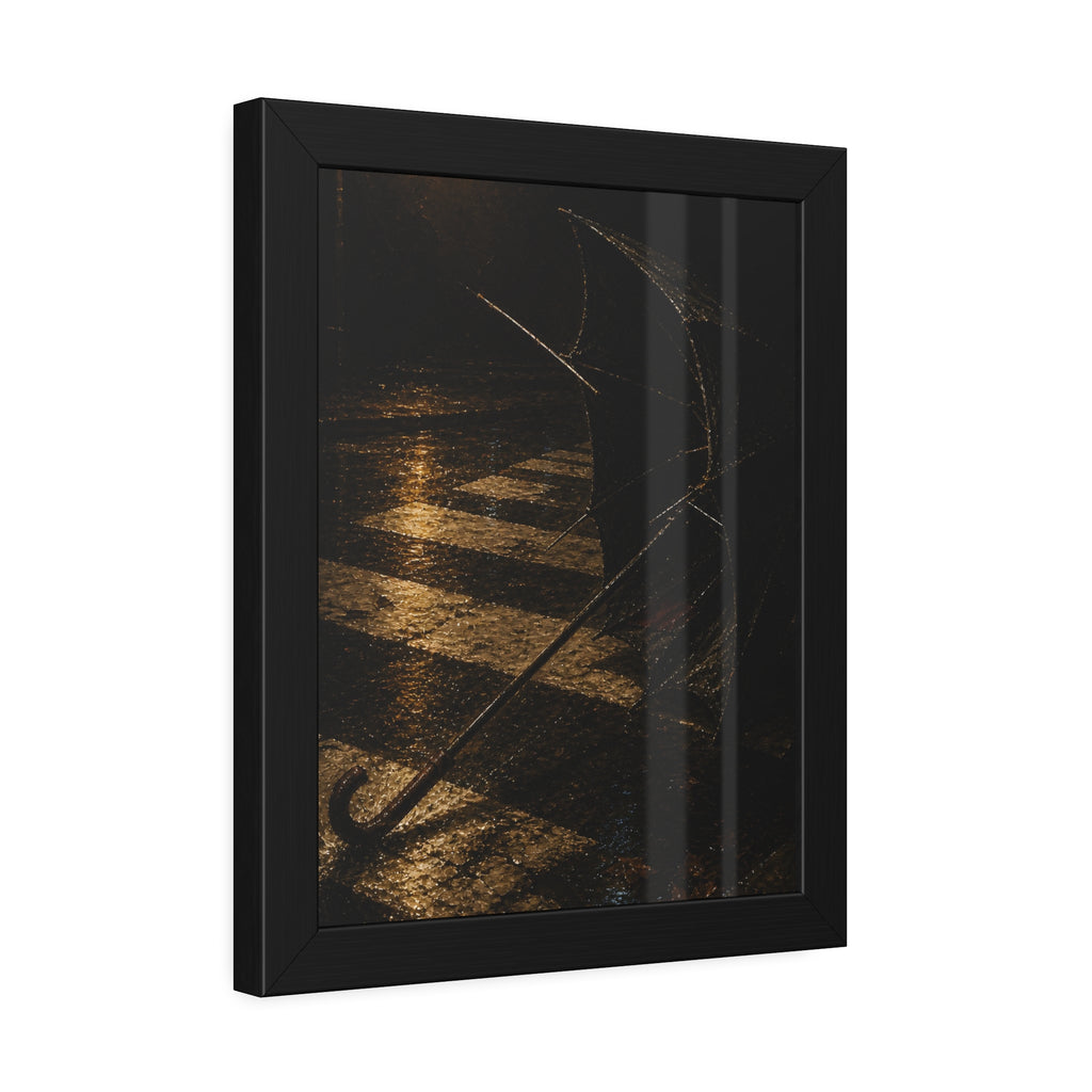 A blown out umbrella lying on wet checkered pavement under a street lamp. The Taking by the Wind by Garabaggio, framed fine art print hanging in a room.