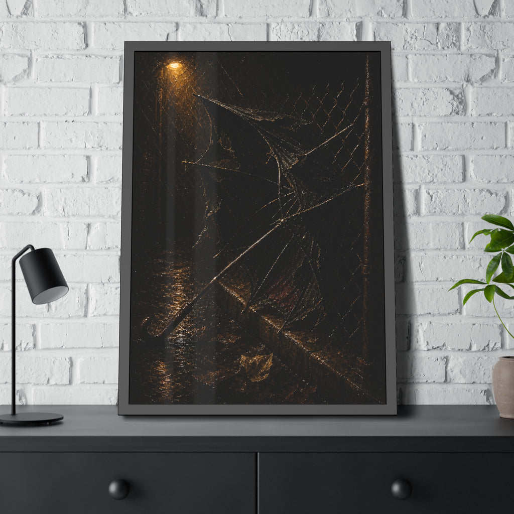 A broken umbrella pinned to a chain link fence under a rainy streetlamp. The Scourging by the Wind by Garabaggio, framed fine art print hanging in a room.