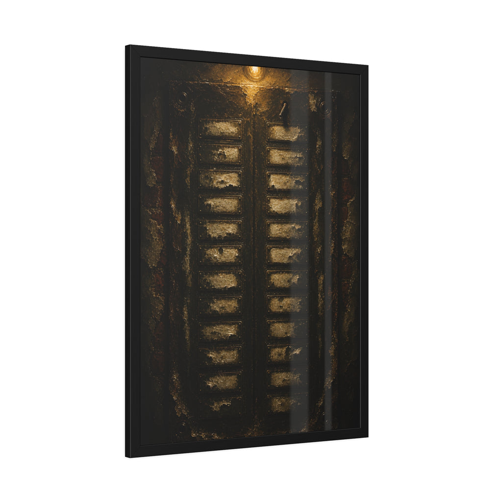 An apartment intercom panel with blank nameplates, lit from above. The Labels Removed by Garabaggio, framed fine art print hanging in a room.