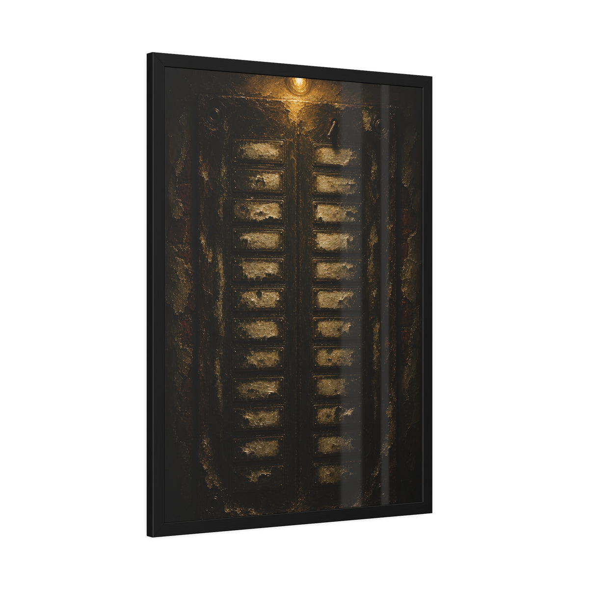 An apartment intercom panel with blank nameplates, lit from above. The Labels Removed by Garabaggio, framed fine art print hanging in a room.