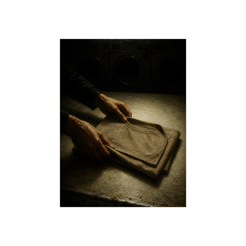 Two hands folding a shirt on a laundromat table with washers behind. The Folding at Two A.M by Garabaggio, fine art print, 12″ x 16″.