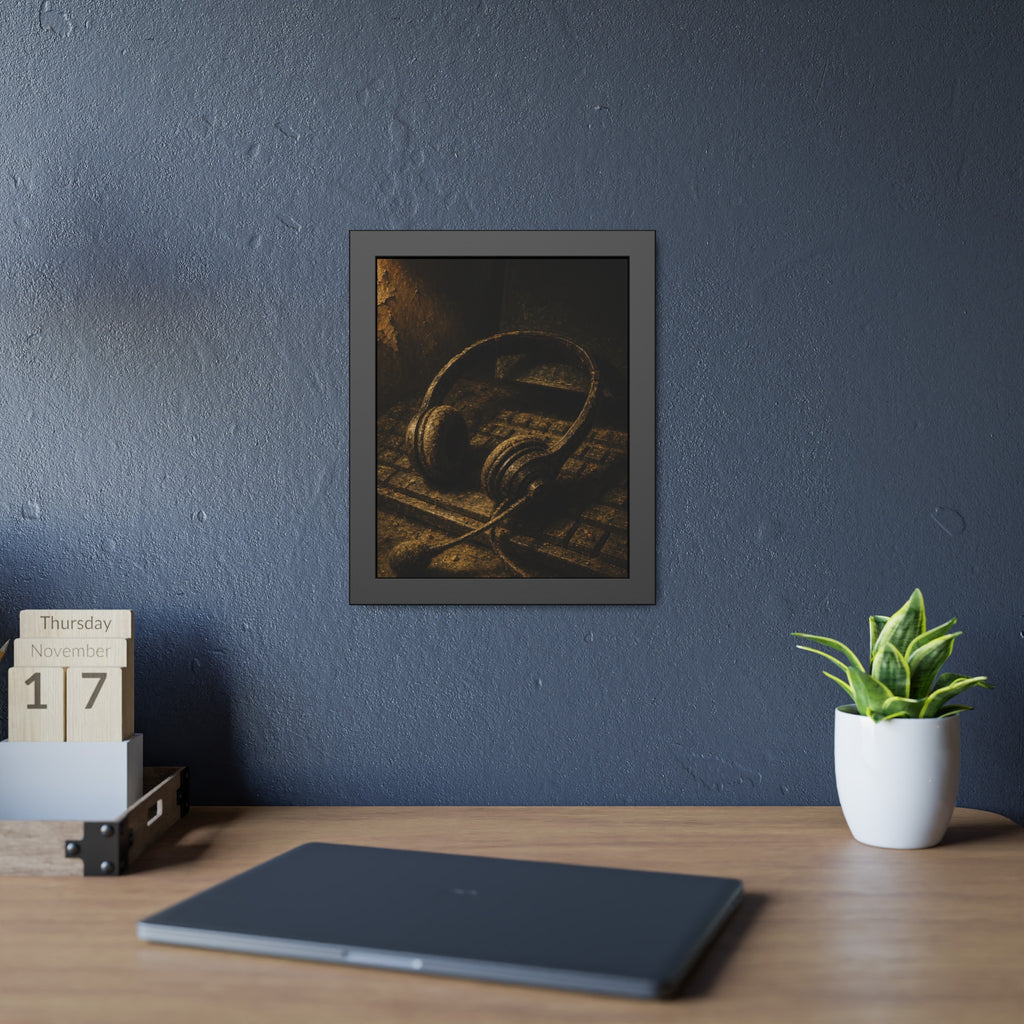 Dust covered headset resting on an old keyboard in brown light. Cubicles Under Dust by Garabaggio, framed fine art print hanging in a room.