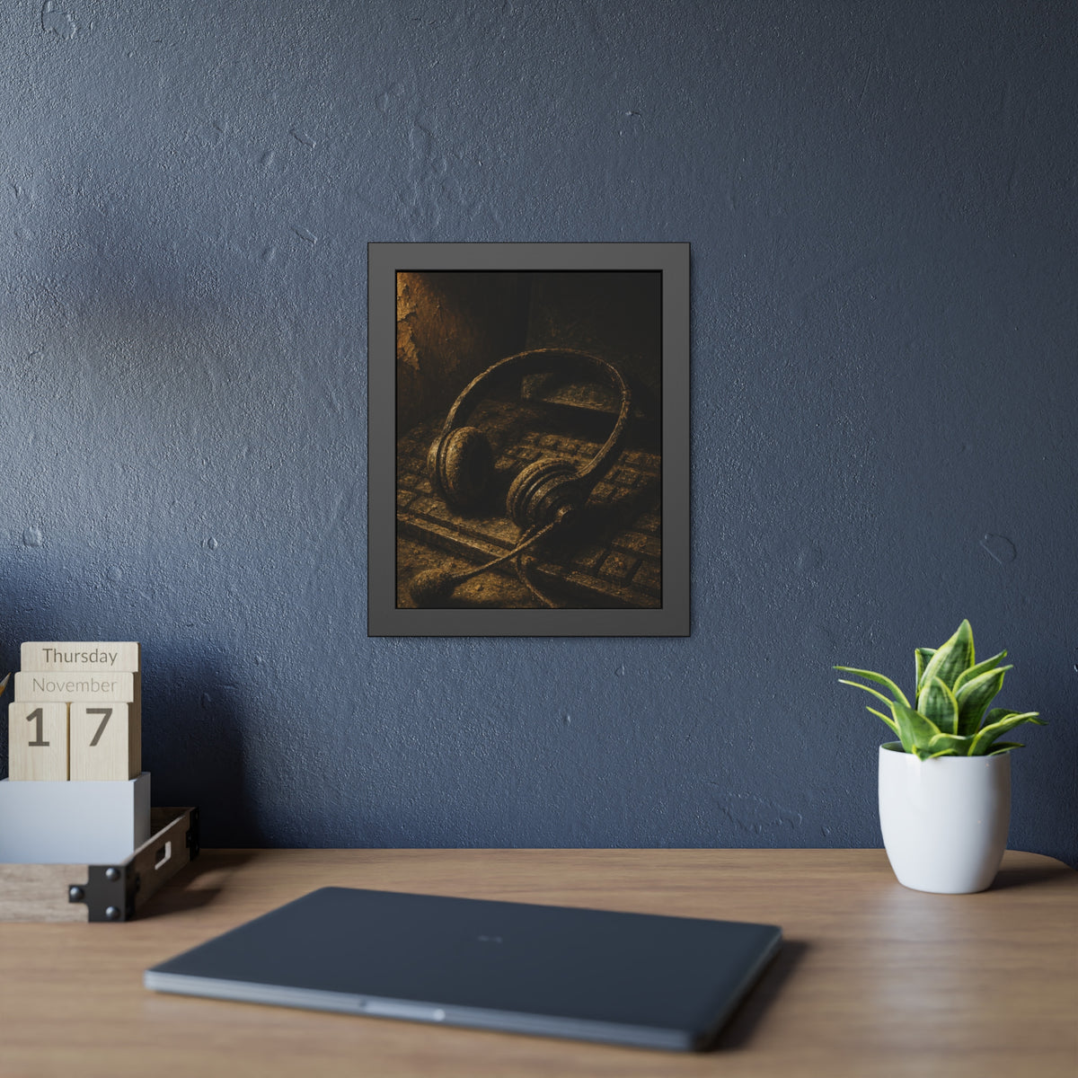Dust covered headset resting on an old keyboard in brown light. Cubicles Under Dust by Garabaggio, framed fine art print hanging in a room.