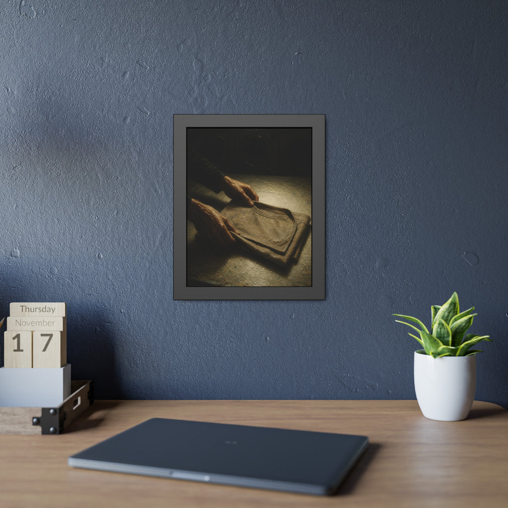 Two hands folding a shirt on a laundromat table with washers behind. The Folding at Two A.M by Garabaggio, framed fine art print hanging in a room.