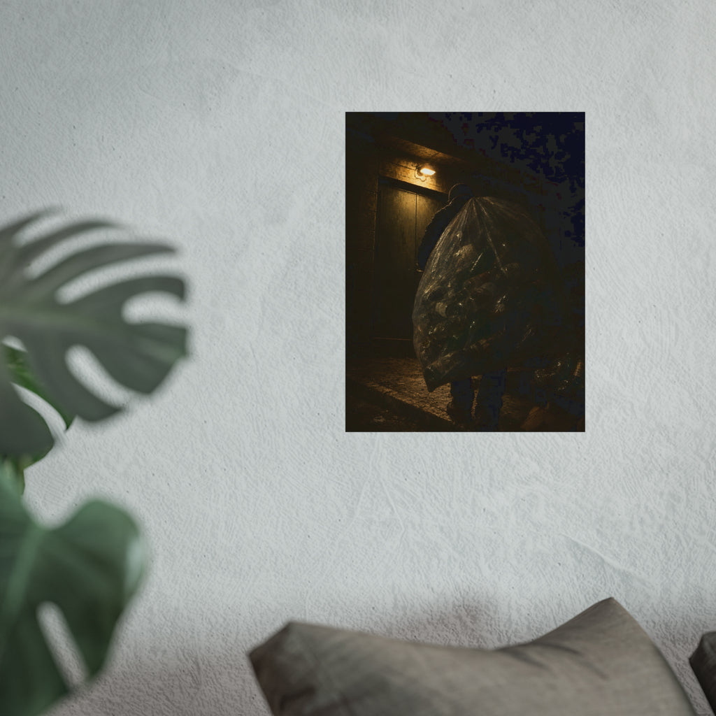 A man carrying a huge bag of bottles past a lit doorway at night. The Bag Carried Before Dawn by Garabaggio, fine art print hanging in a room.