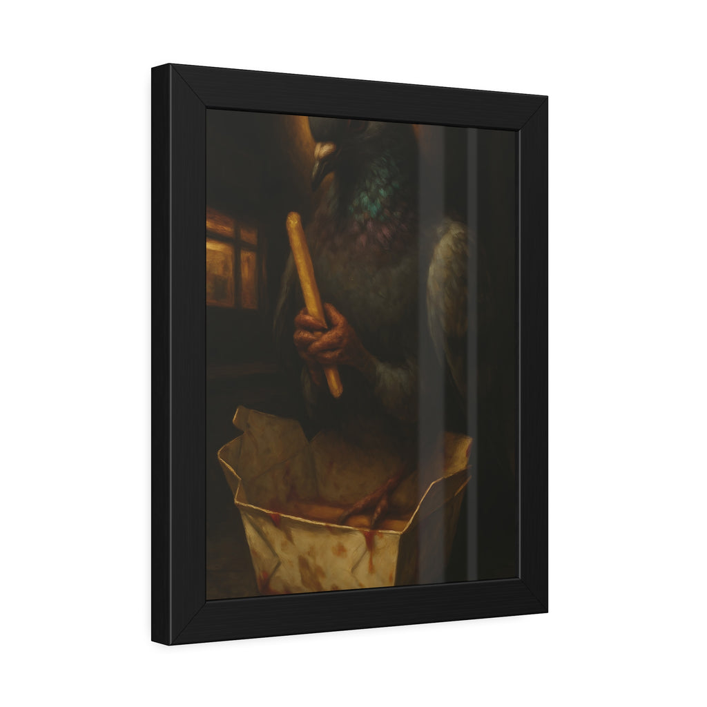 A haloed pigeon holding a french fry over a takeout carton in an alley. Madonna of the Pigeon with Fries by Garabaggio, framed fine art print hanging in a room.