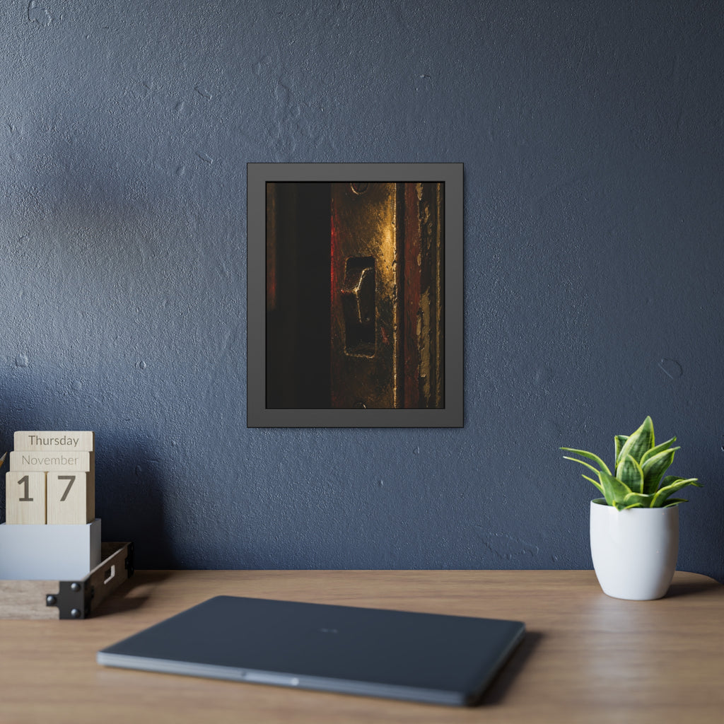 A brass door latch beside an intercom with a small red light. The Door Does Not Release by Garabaggio, framed fine art print hanging in a room.