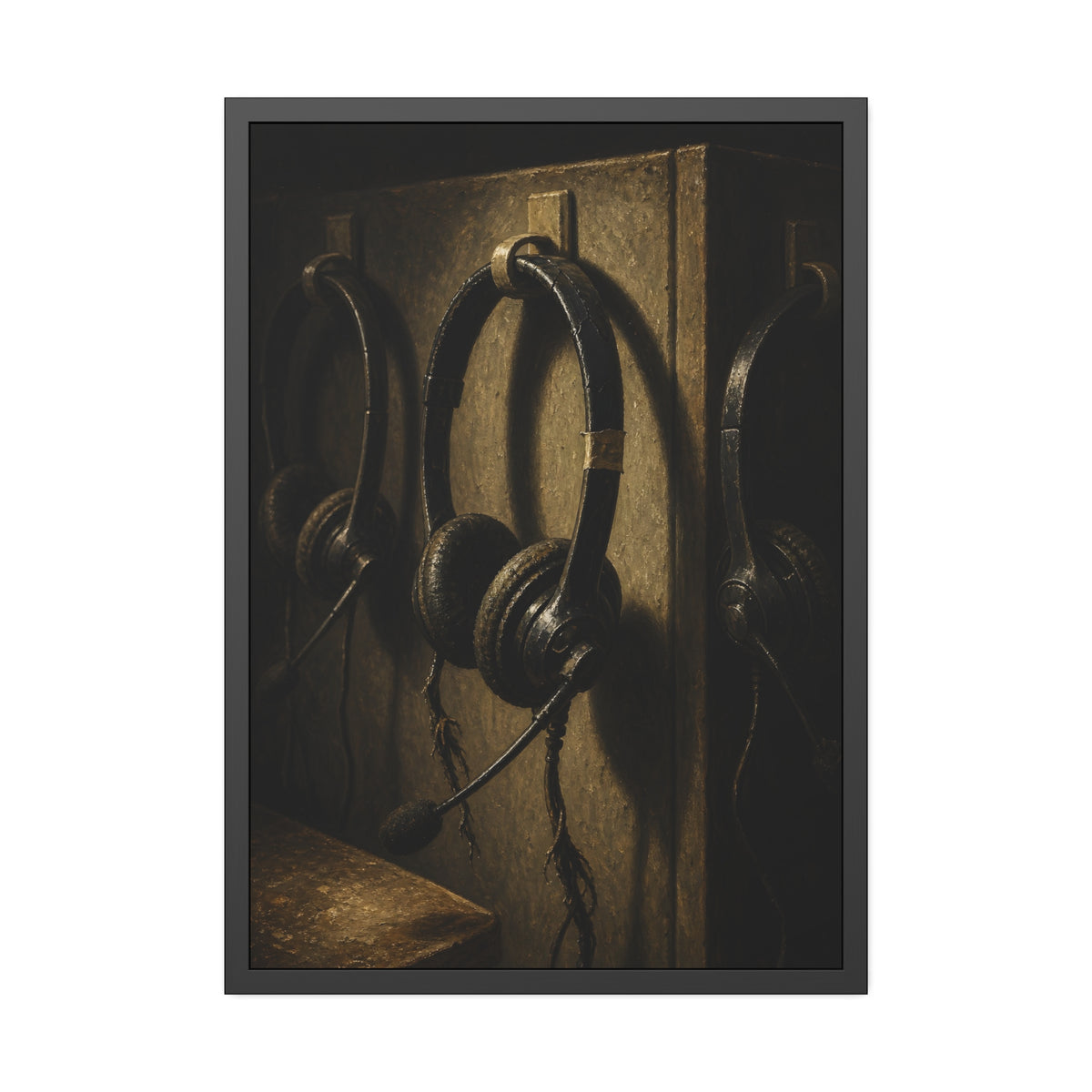 Three worn call center headsets hanging on wall hooks in dim light. The Headsets Left Hanging by Garabaggio, framed fine art print, 28″ x 40″.