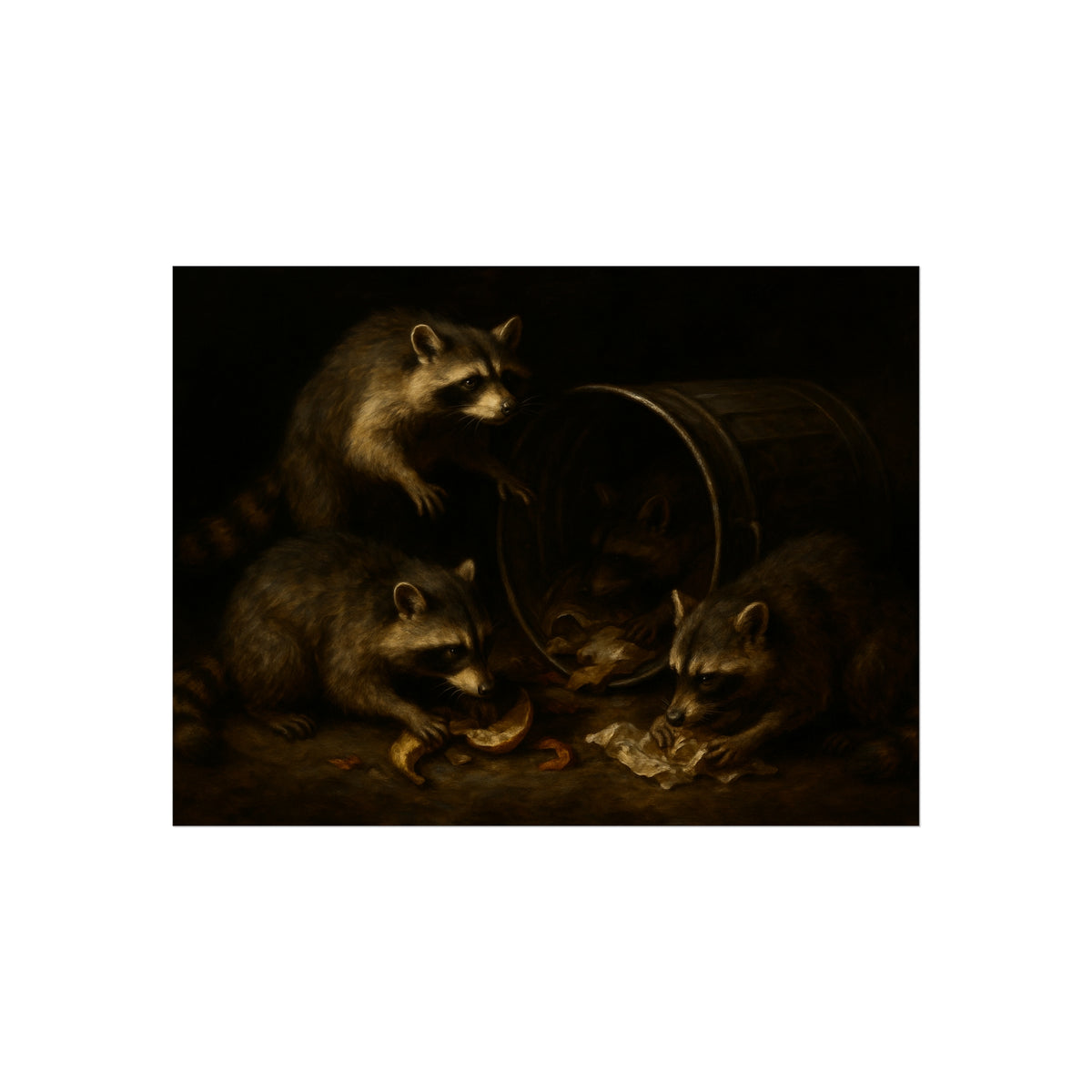Raccoons at a tipped metal pail, one gnawing a melon rind in the dark. The Supper at the Alleyway by Garabaggio, fine art print hanging in a room.