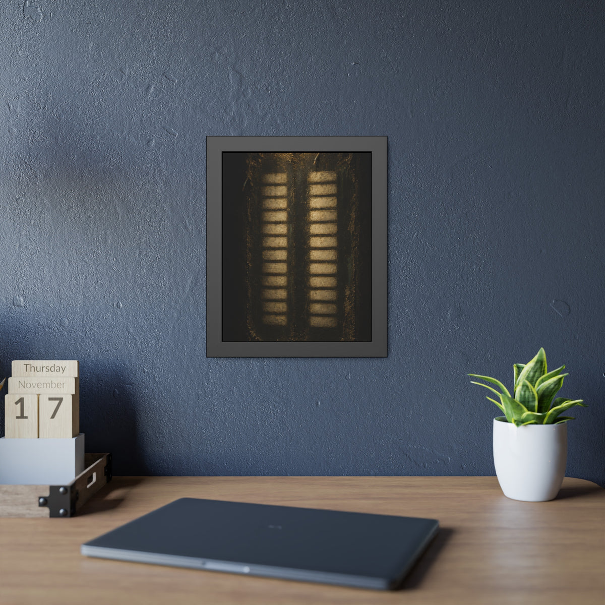 Two columns of blank name slots on a corroded intercom panel. Twenty-Four Pale Rectangles by Garabaggio, framed fine art print hanging in a room.