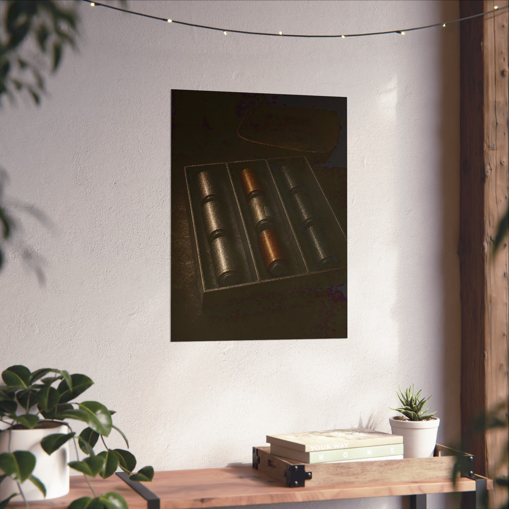 Dead batteries lined up in a divided tray on a dark table. The Sorting Tray by Garabaggio, fine art print hanging in a room.