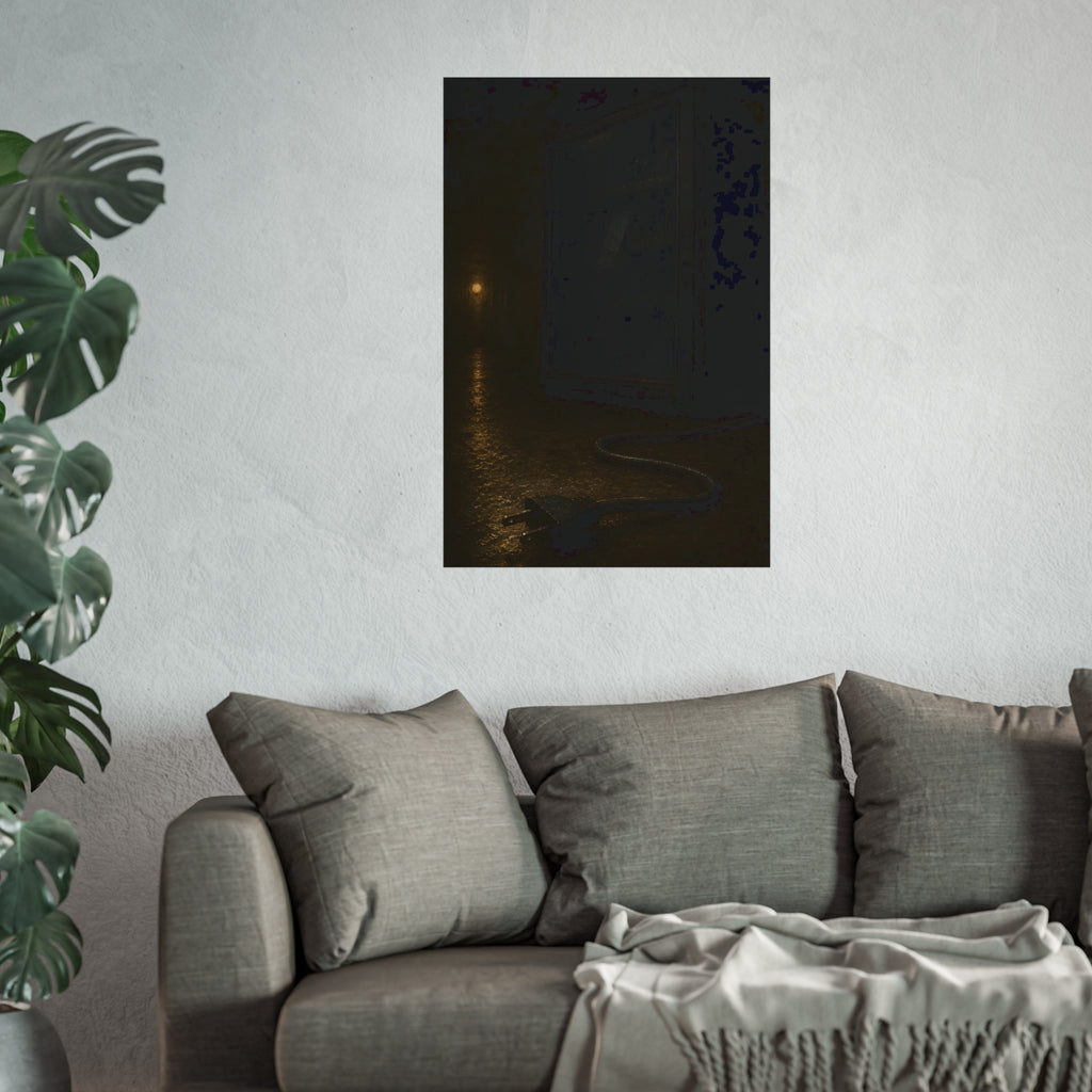 A dark vending machine with its unplugged cord lying on a wet corridor floor. The Unplugging by Garabaggio, fine art print hanging in a room.