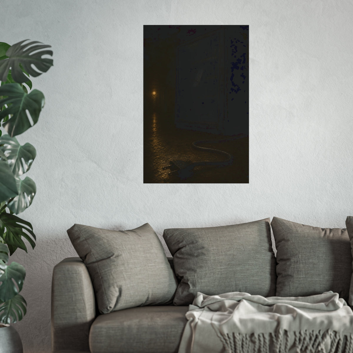 A dark vending machine with its unplugged cord lying on a wet corridor floor. The Unplugging by Garabaggio, fine art print hanging in a room.