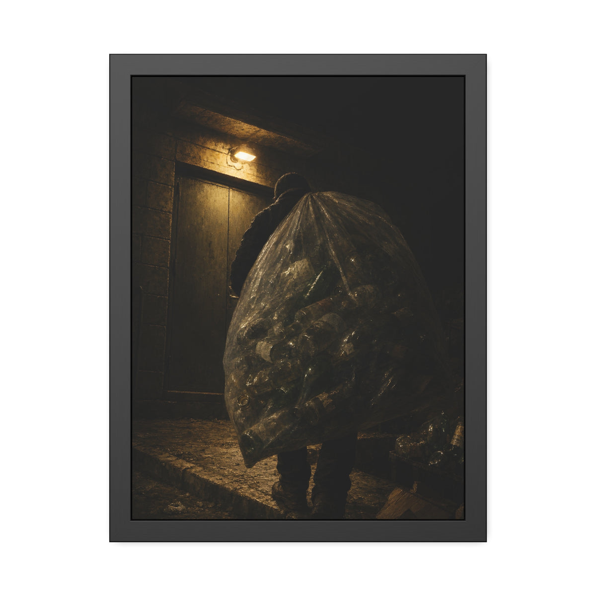 A man carrying a huge bag of bottles past a lit doorway at night. The Bag Carried Before Dawn by Garabaggio, framed fine art print, 18″ x 24″.