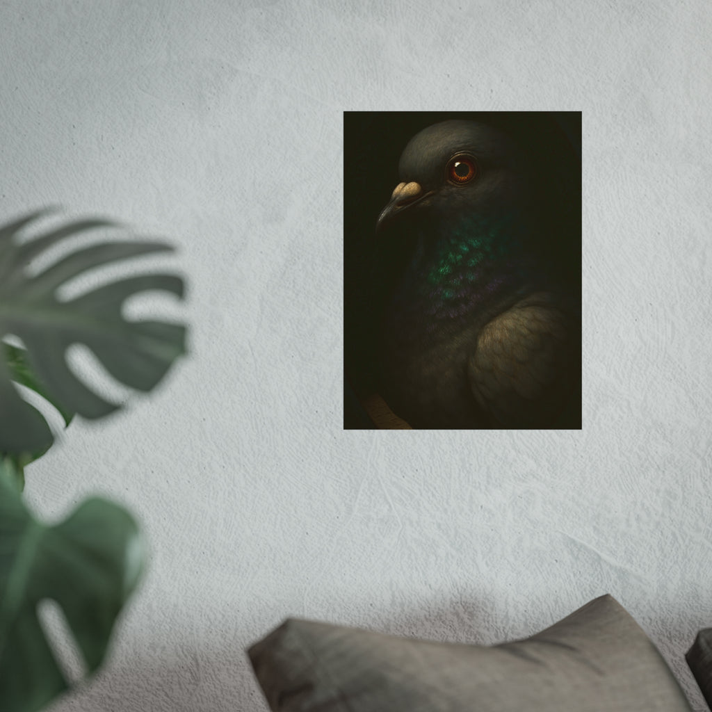 Close portrait of a pigeon with an iridescent green throat. Study of the Holy Messenger, No. 1 by Garabaggio, fine art print hanging in a room.