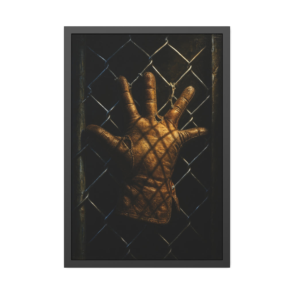 A leather work glove splayed palm out against chain-link wire. The Crucifixion on Chain-Link (Framed) by Garabaggio, framed fine art print hanging in a room.