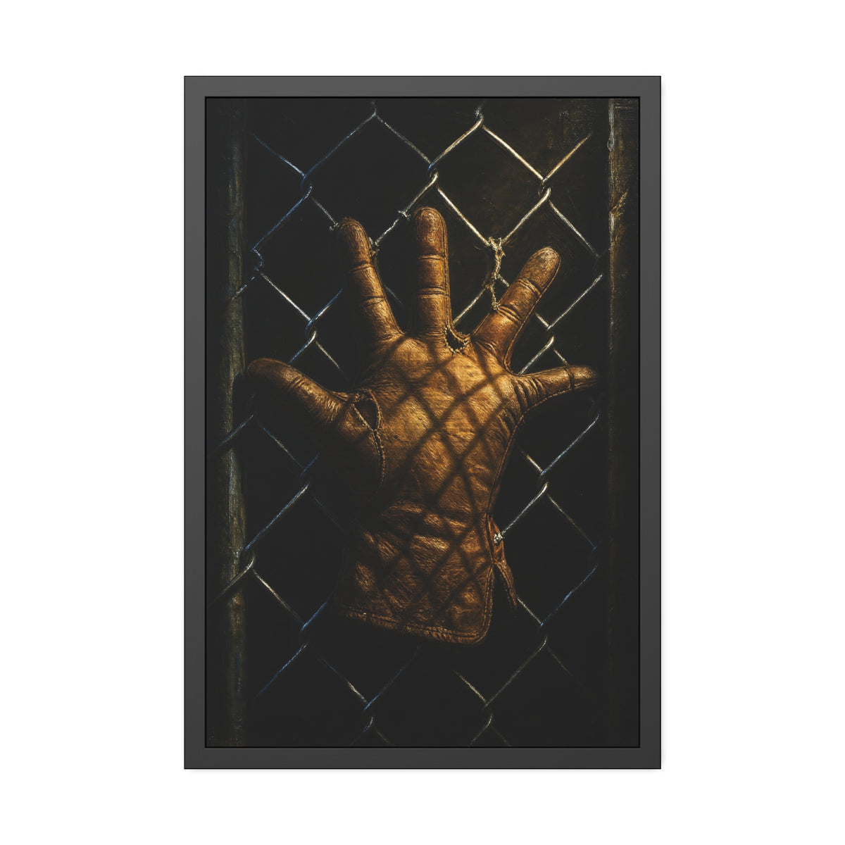 A leather work glove splayed palm out against chain-link wire. The Crucifixion on Chain-Link (Framed) by Garabaggio, framed fine art print hanging in a room.