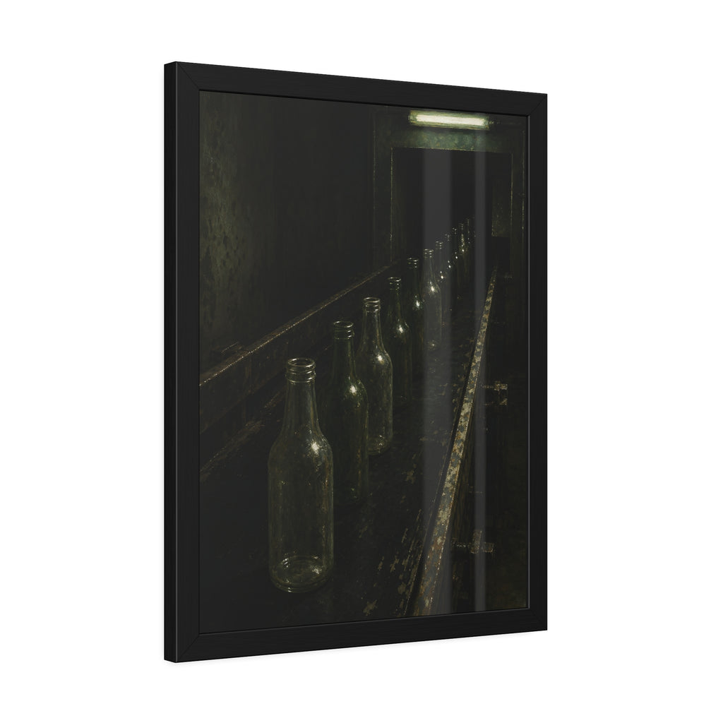 Empty glass bottles in a line on a conveyor under one fluorescent tube. The Procession of Bottles by Garabaggio, framed fine art print hanging in a room.