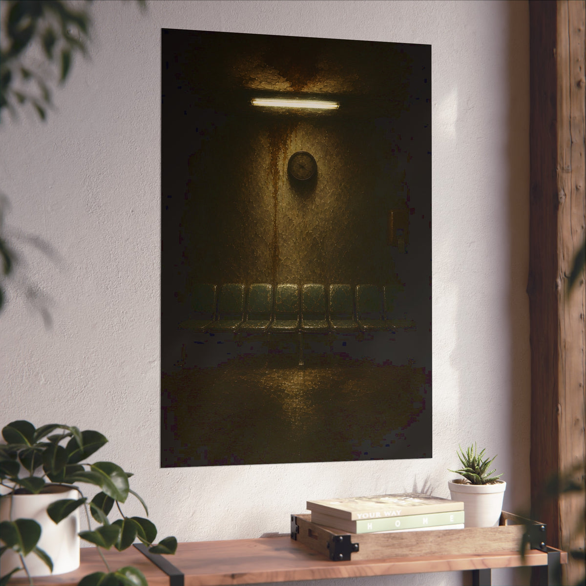 Eight worn seats in a row under a wall clock and one fluorescent tube. Eight Seats and a Clock by Garabaggio, fine art print hanging in a room.