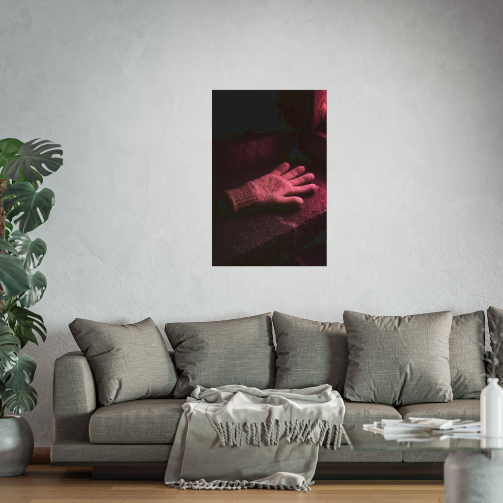 A knitted glove lying flat on a concrete step under pink light. The Vigil in Pink Light by Garabaggio, fine art print hanging in a room.