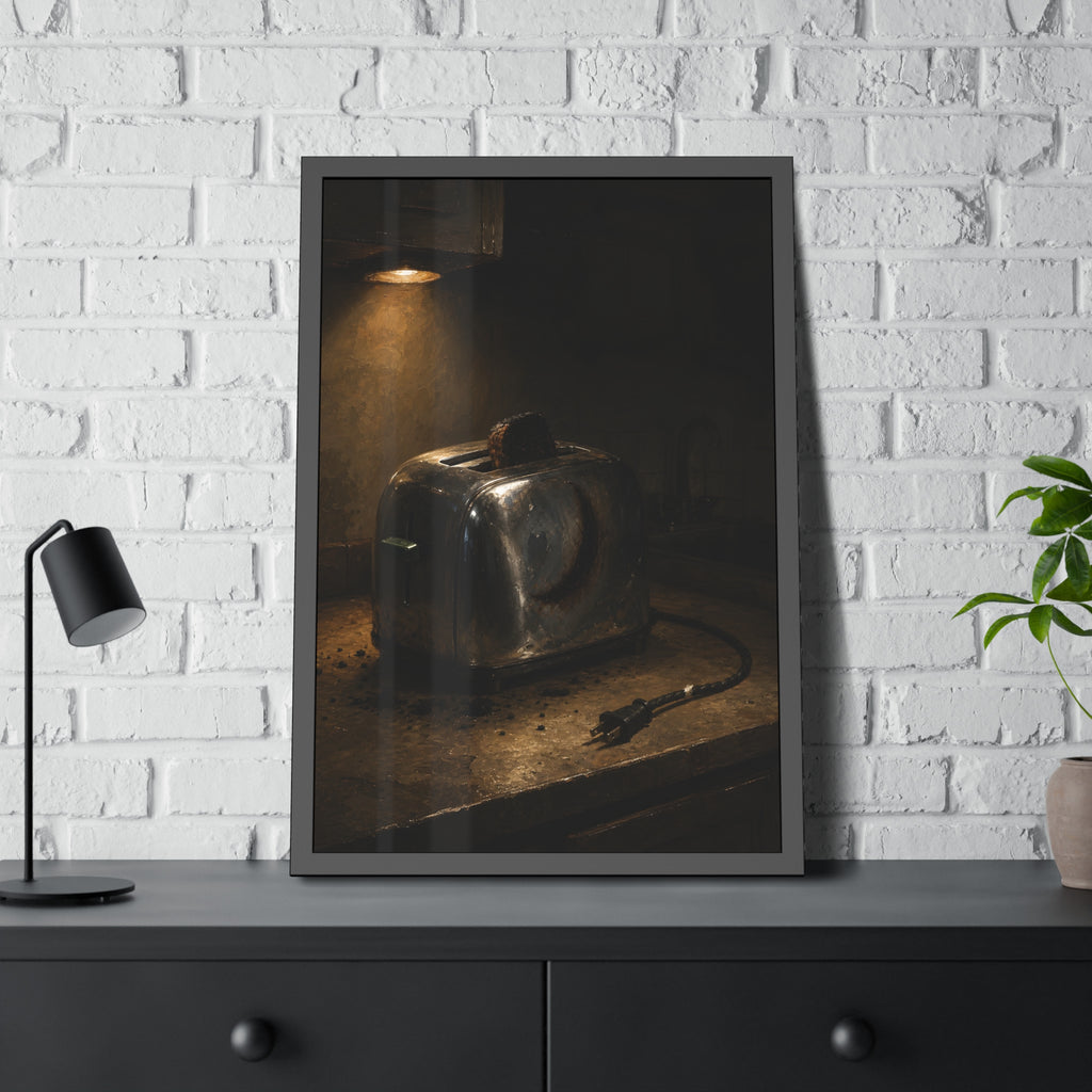 Scorched toaster with burnt toast on a counter under a cabinet light. Breakfast Interrupted by Garabaggio, framed fine art print hanging in a room.