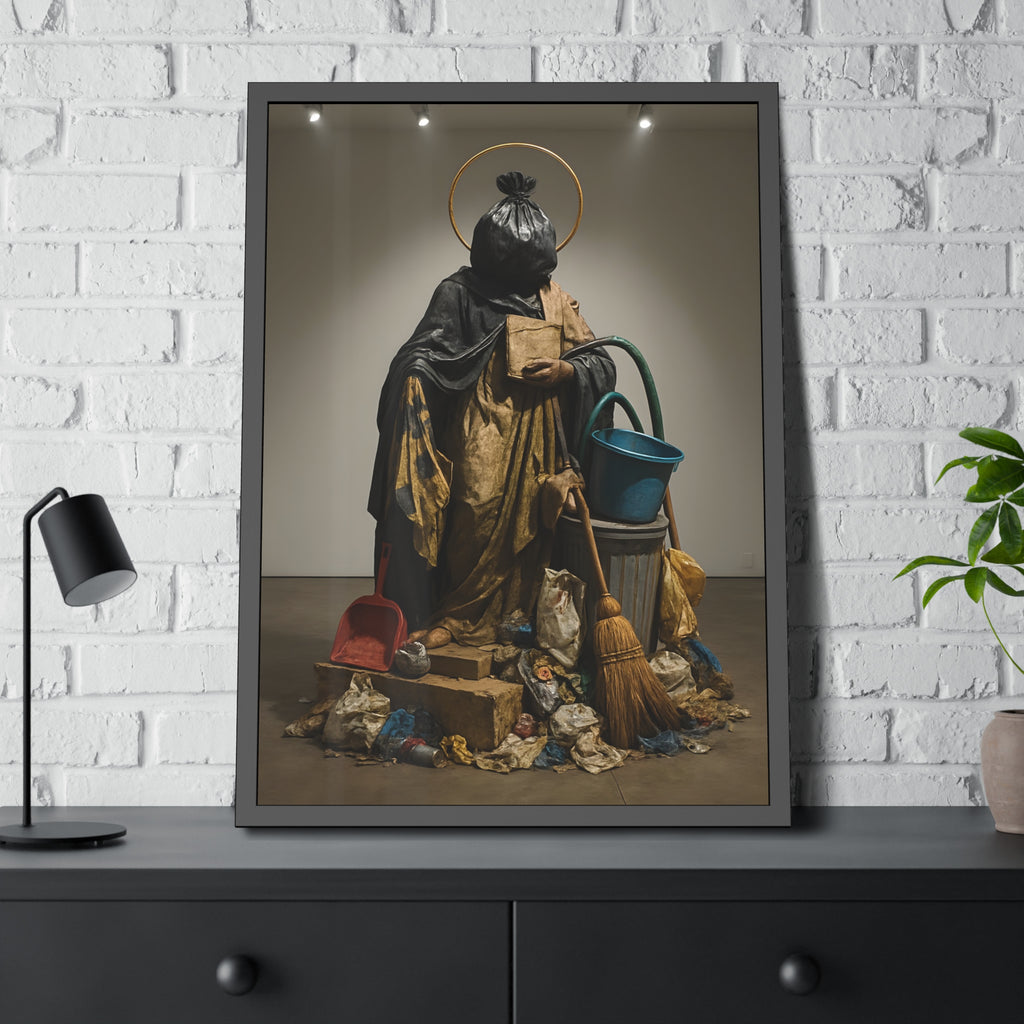 A robed figure with a garbage bag head and gold halo holding a broom. The Custodian Enthroned by Garabaggio, framed fine art print hanging in a room.