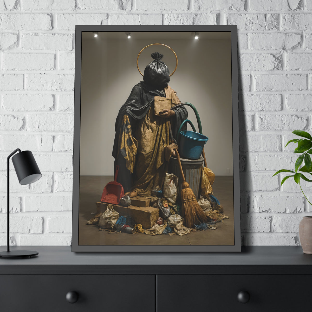 A robed figure with a garbage bag head and gold halo holding a broom. The Custodian Enthroned by Garabaggio, framed fine art print hanging in a room.