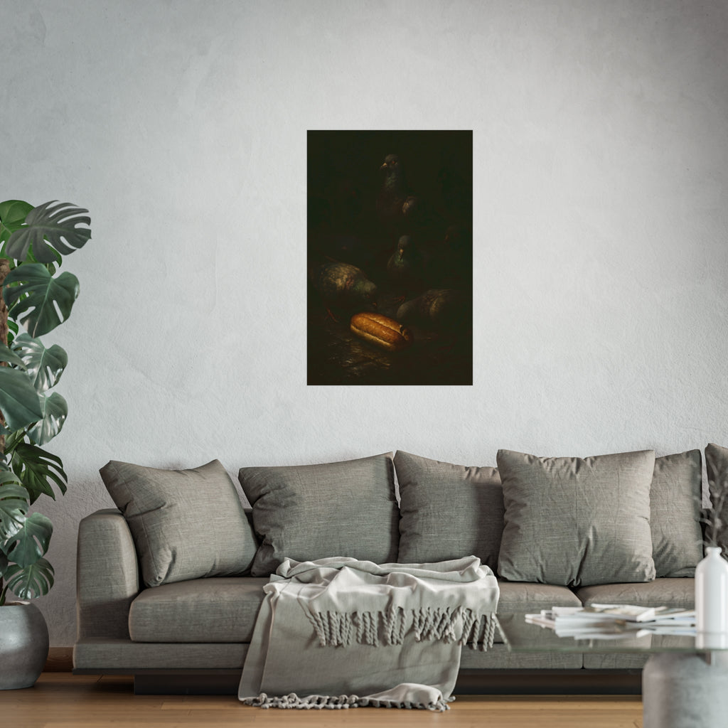 Pigeons crowding around a bread roll on dark stone paving. The Congregation at the Bun by Garabaggio, fine art print hanging in a room.