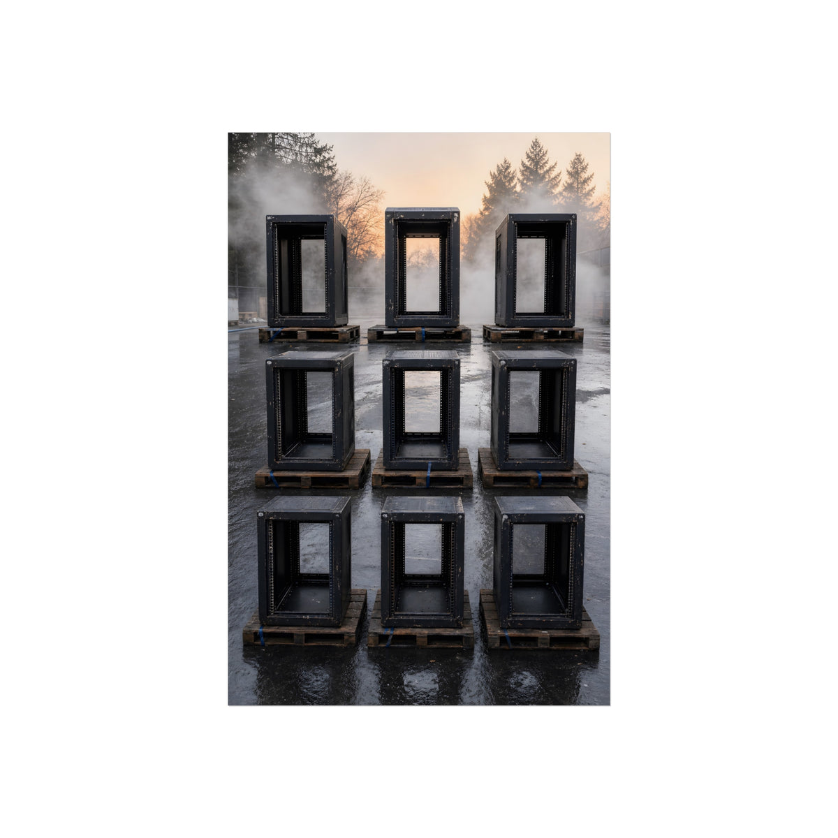 Nine empty black server racks on pallets in a wet lot at dawn. The Racks in the Morning Lot by Garabaggio, fine art print, 24″ x 36″.