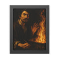 Man holding a paintbrush, his other hand raised beside tall flames. Self-Portrait with Brush and Flame by Garabaggio, framed fine art print, 11″ x 14″.