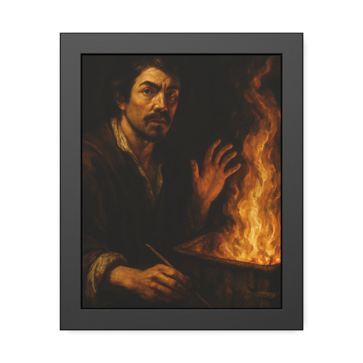 Man holding a paintbrush, his other hand raised beside tall flames. Self-Portrait with Brush and Flame by Garabaggio, framed fine art print, 11″ x 14″.