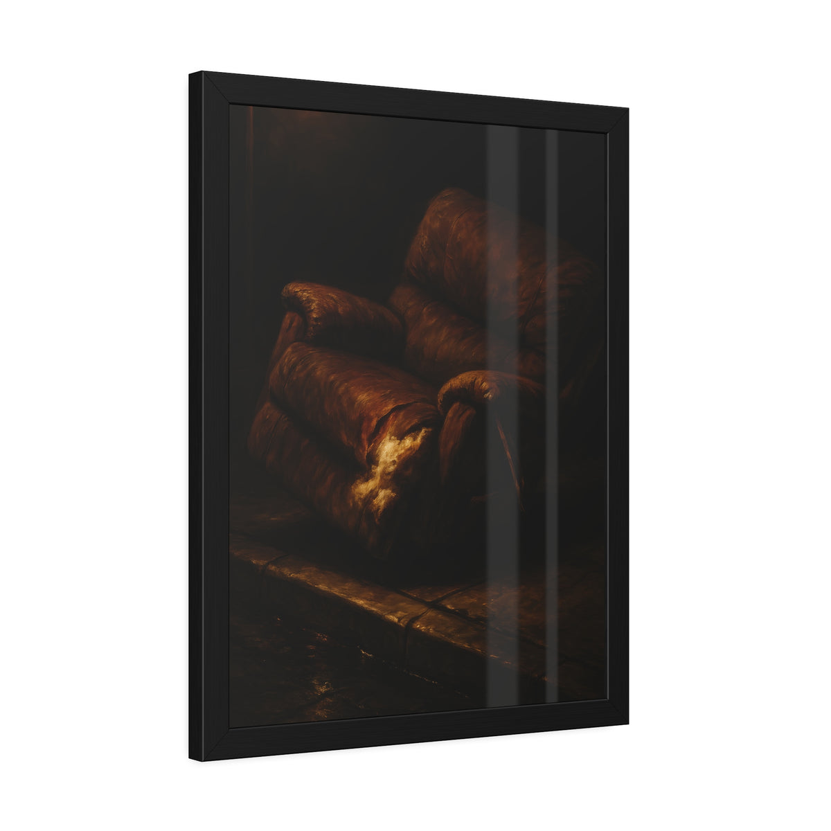 A torn brown recliner tipped on a curb in dim warm light. The Deposition of the Broken Recliner by Garabaggio, framed fine art print hanging in a room.