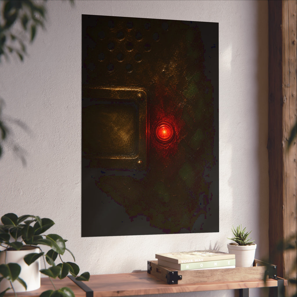 Close view of an intercom panel with one red button glowing in the dark. The Stuck Red Light by Garabaggio, fine art print hanging in a room.