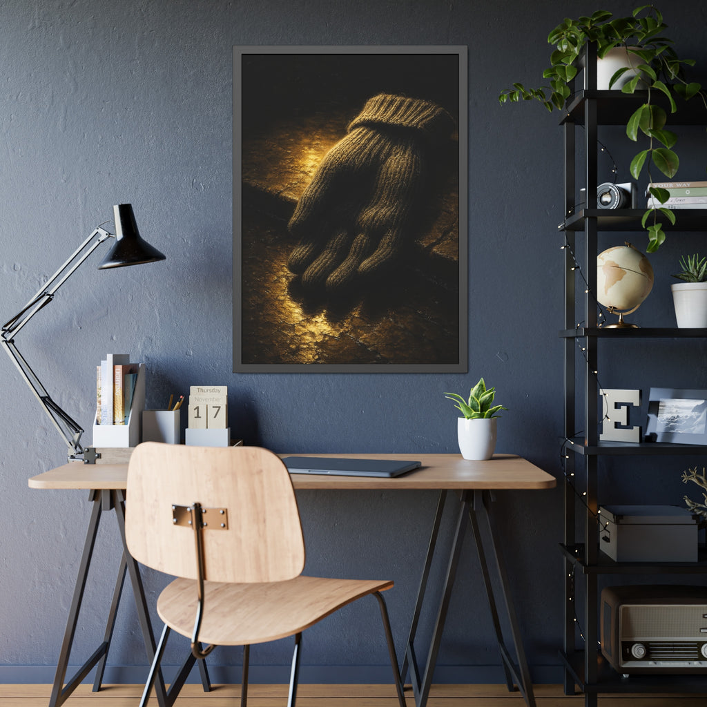 A knitted wool glove palm down on wet stone in gold light. The Presentation of the Woolen Glove by Garabaggio, framed fine art print hanging in a room.