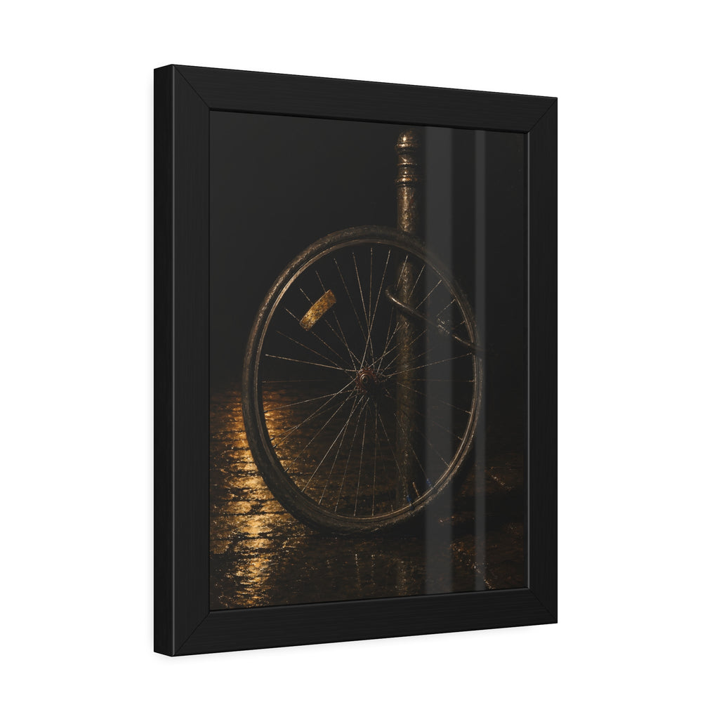 A bare bicycle wheel locked to a post on wet pavement. The Wheel Without a Bicycle by Garabaggio, framed fine art print hanging in a room.