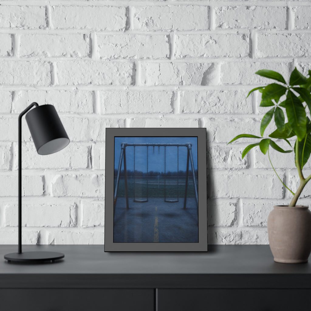 A swing set at dusk with two seats hanging straight. The Sixth Hour: The Seat Hanging Straight by Garabaggio, framed fine art print hanging in a room.