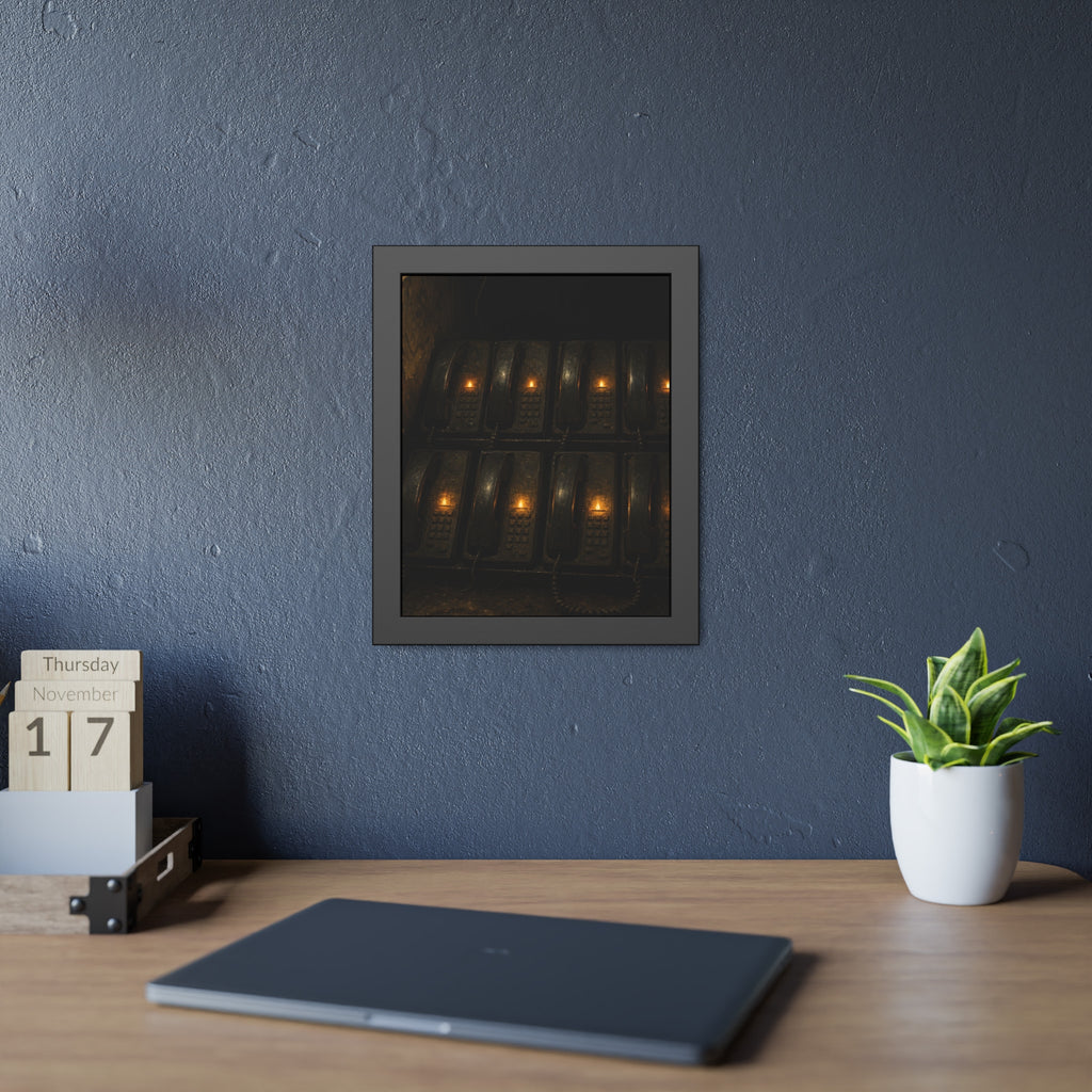 Rows of wall phones, each keypad lit by a small amber flame. The Votive Lights of the Hold Queue by Garabaggio, framed fine art print hanging in a room.