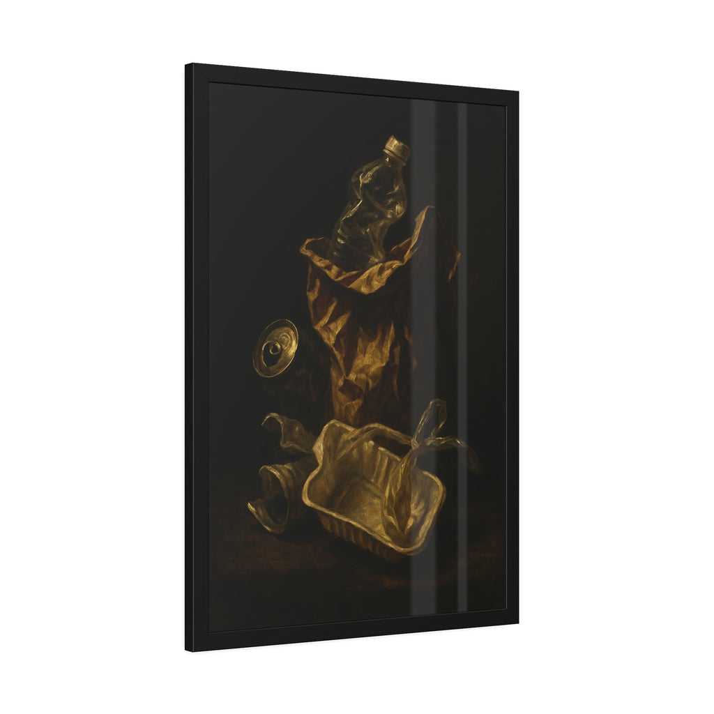 A paper bag, crushed bottle and foil tray lit against deep darkness. Reliquary of the Takeout by Garabaggio, framed fine art print hanging in a room.