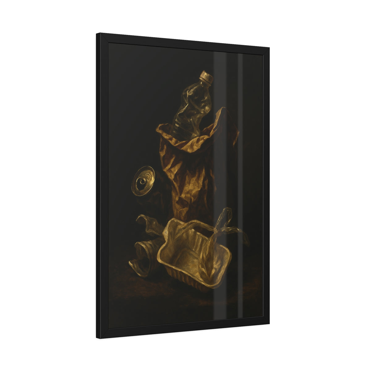 A paper bag, crushed bottle and foil tray lit against deep darkness. Reliquary of the Takeout by Garabaggio, framed fine art print hanging in a room.