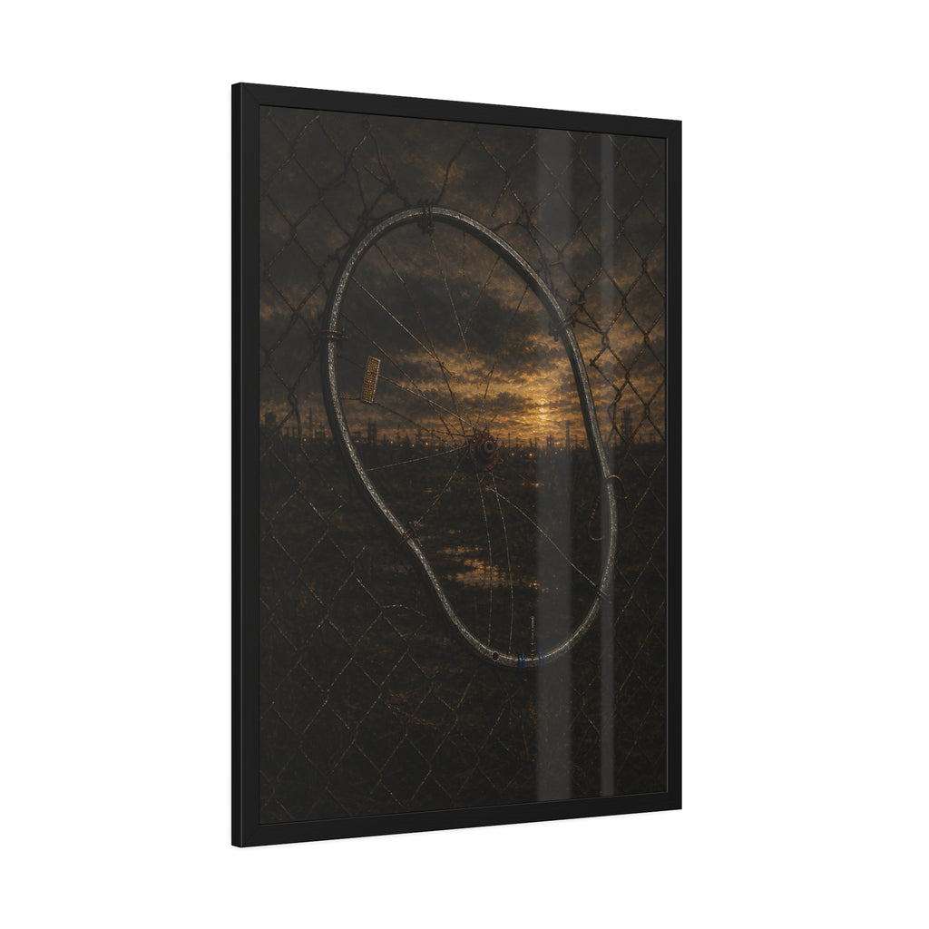 A bent bicycle wheel woven into a chain link fence against a dim sunset. The Fence Repair by Garabaggio, framed fine art print hanging in a room.