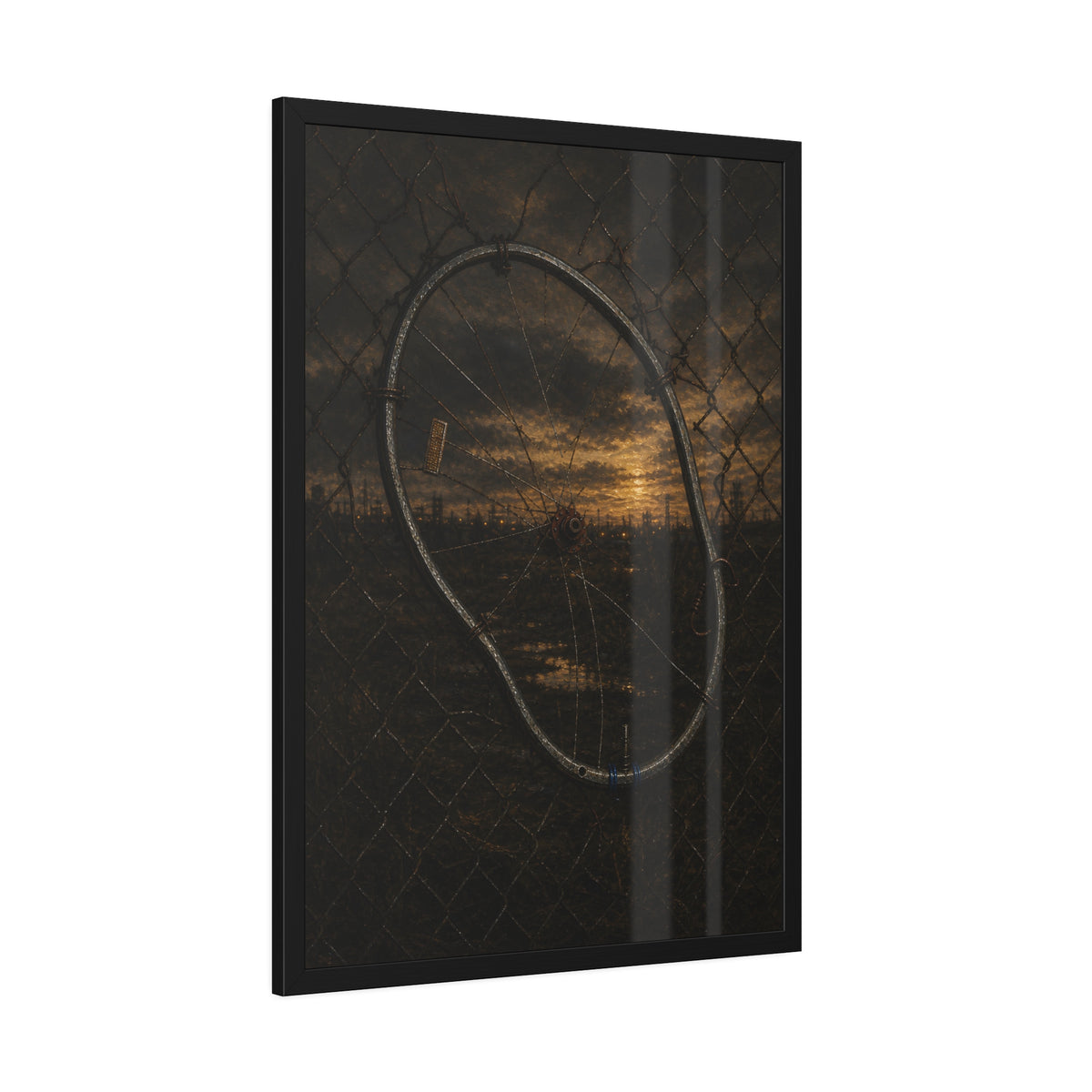 A bent bicycle wheel woven into a chain link fence against a dim sunset. The Fence Repair by Garabaggio, framed fine art print hanging in a room.