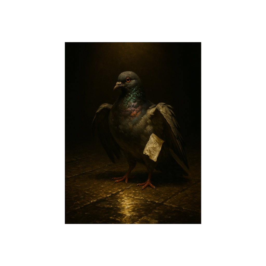 A pigeon with wings half raised, a paper scrap at its side. The Annunciation of the Common Pigeon by Garabaggio, fine art print hanging in a room.