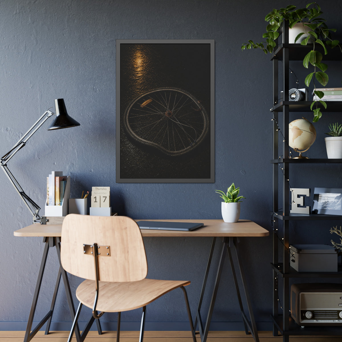A buckled bicycle wheel on wet asphalt beneath a streetlight reflection. The Bend from Impact by Garabaggio, framed fine art print hanging in a room.