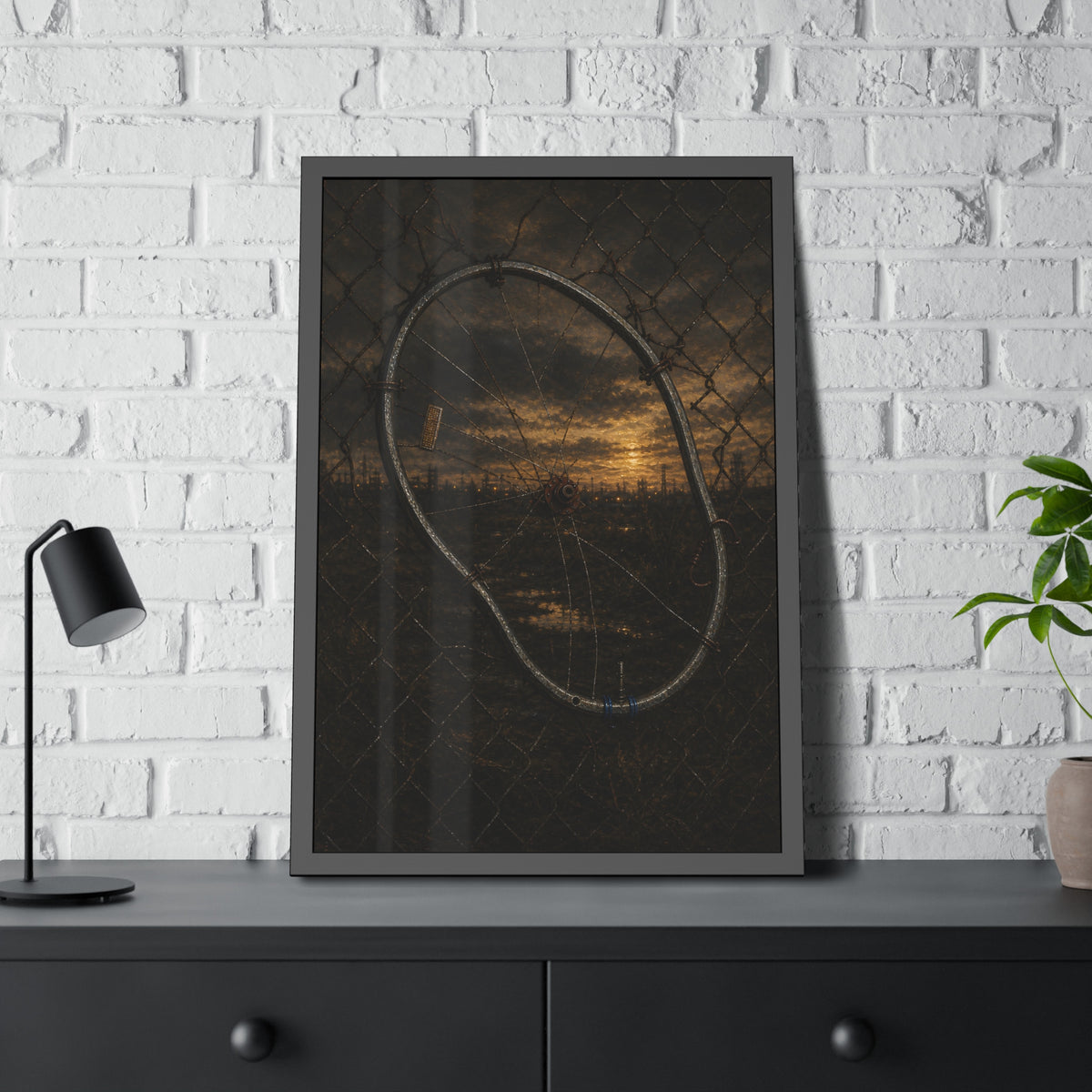 A bent bicycle wheel woven into a chain link fence against a dim sunset. The Fence Repair by Garabaggio, framed fine art print hanging in a room.