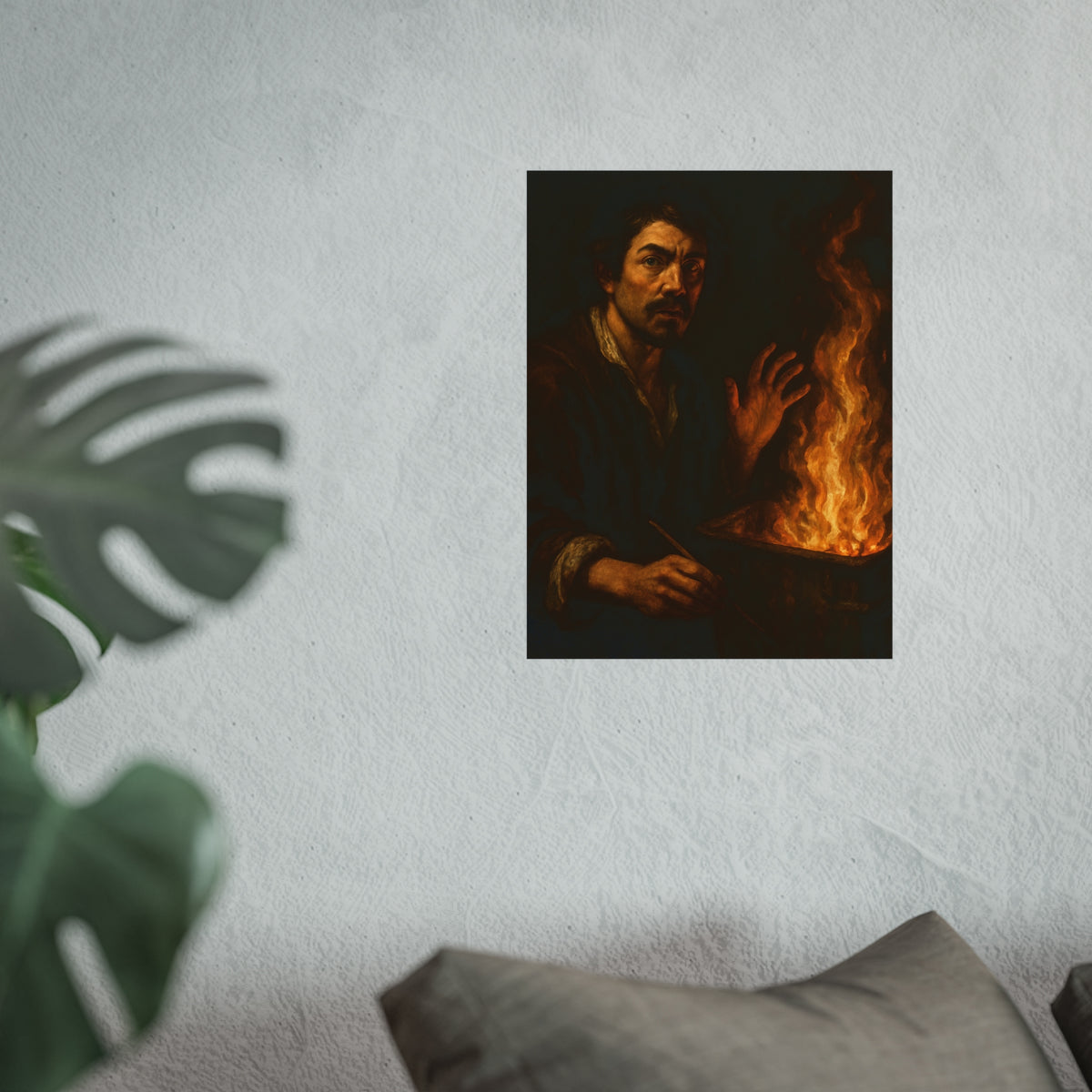 Man holding a paintbrush, his other hand raised beside tall flames. Self-Portrait with Brush and Flame by Garabaggio, fine art print hanging in a room.