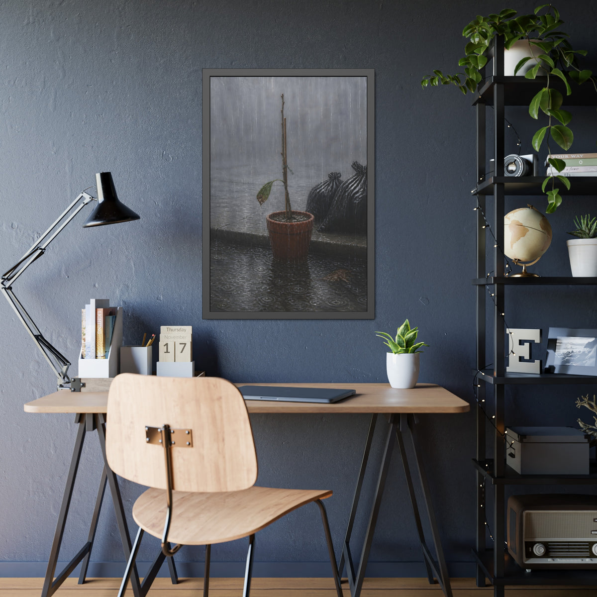 A bare stick in a clay pot on a curb in heavy rain beside trash bags. The Second Rain by Garabaggio, framed fine art print hanging in a room.
