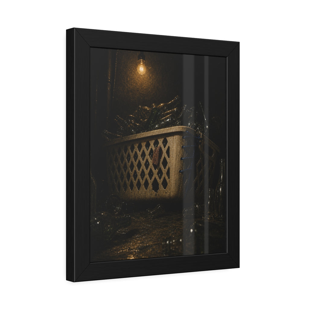 A laundry basket filled with glass bottles under a bare hanging bulb. The Second Life for Bottles by Garabaggio, framed fine art print hanging in a room.