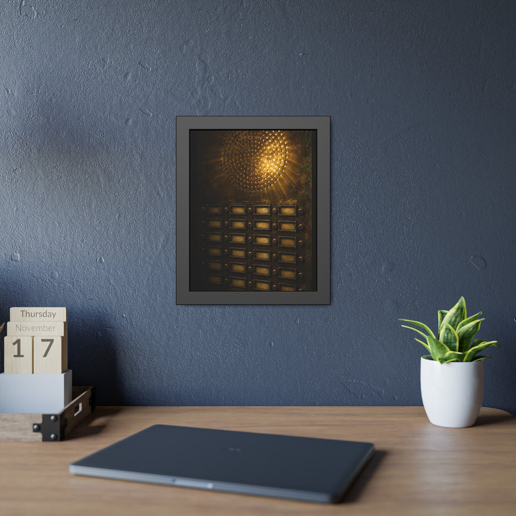 Light glowing through an intercom speaker grille above rows of buttons. Voice Through Perforations by Garabaggio, framed fine art print hanging in a room.